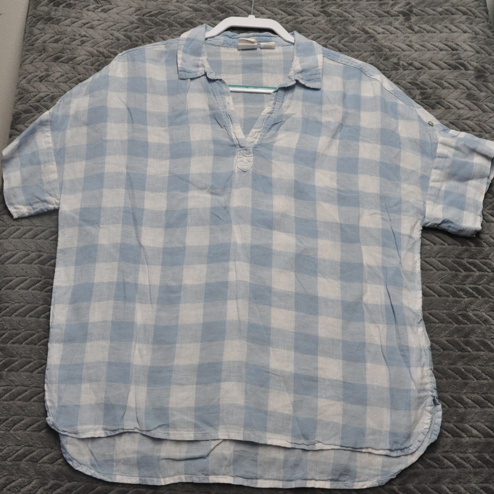 C&C California Linen Top Medium Blue White Buffalo Plaid Short Sleeve (1735)